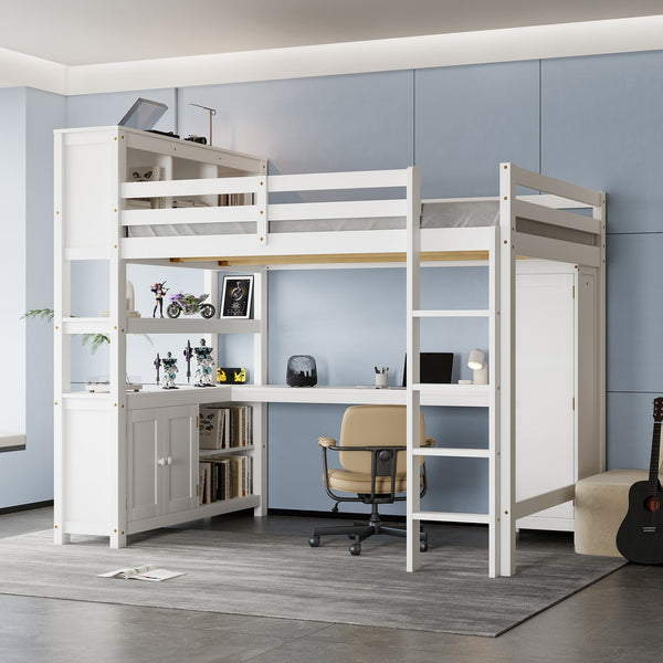 English Elm Full Size Pine Loft Bed House Frame with Slide Bookshelves and Moon Star Rails W1580S00162