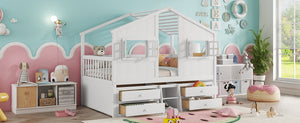 English Elm Full Size House Loft Bed With Roof & Windows, 4 Storage Drawers, Pine Wood, Safe Guardrails & Ladder W504S00242