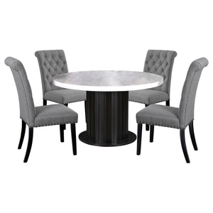 English Elm Belinda Grey 5-Piece Round Marble Dining Set with Nailhead Tufted Linen Chairs and Scalloped Base B062S01196