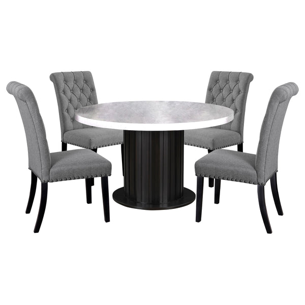 English Elm Belinda Grey 5-Piece Round Marble Dining Set with Nailhead Tufted Linen Chairs and Scalloped Base B062S01196