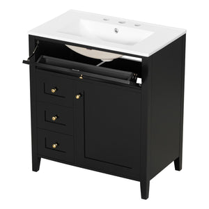 English Elm 30-Inch Contemporary Bathroom Vanity with Sink, MDF & Rubberwood, Glossy Finish, 3 Drawers + Cabinet Black N725P350819B