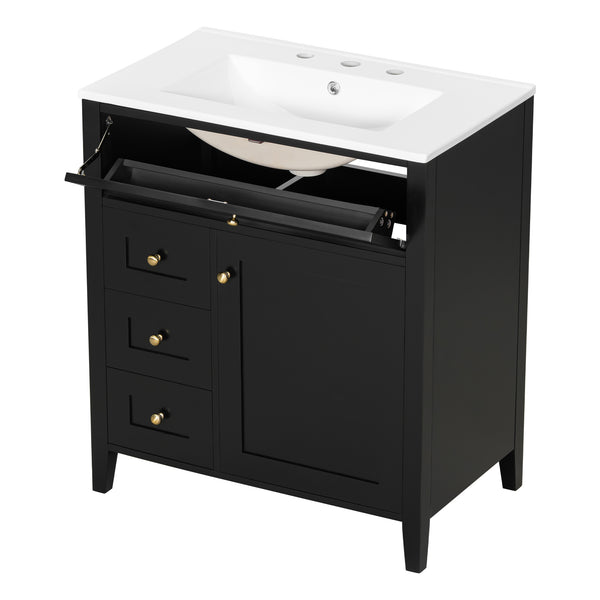 English Elm 30-Inch Contemporary Bathroom Vanity with Sink, MDF & Rubberwood, Glossy Finish, 3 Drawers + Cabinet Black N725P350819B