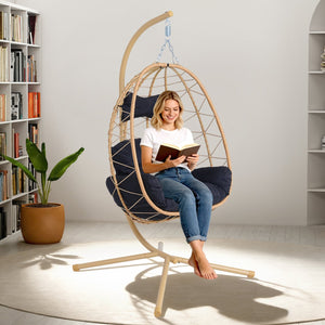 English Elm Hanging Egg Swing Chair Pe Wicker with Stand Washable Cushion Patio or Bedroom T5880P497563