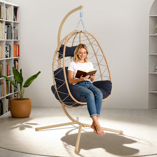 English Elm Hanging Egg Swing Chair Pe Wicker with Stand Washable Cushion Patio or Bedroom T5880P497563