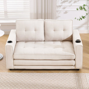 English Elm {VIDEO Modern 3-in-1 Upholstered Futon Sofa Convertible Bed with Tufted Foldable Loveseat, Beige, Storage Cups W2325P195865