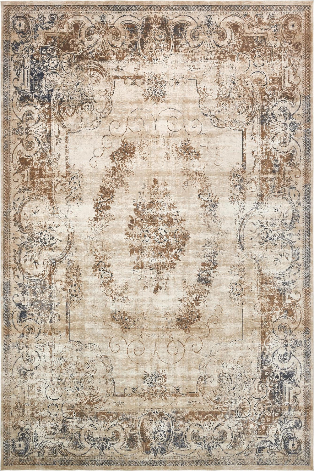 Unique Loom Chateau Lincoln Machine Made Border Rug Blue Cream, Brown/Gray/Beige 10' 0" x 14' 5"