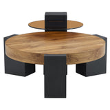 English Elm Modern Simple Double-Layer Round Coffee Table - Transparent Brown Glass Top With Black Mdf L-Shaped Legs.The Detachable Design Can Make The Use Of Space More Flexible.