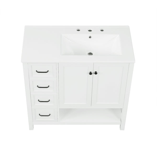English Elm 36" Freestanding Bathroom Vanity Solid Wood Mdf Cabinet Ceramic Undermount Sink Open Shelf White N725P364203K