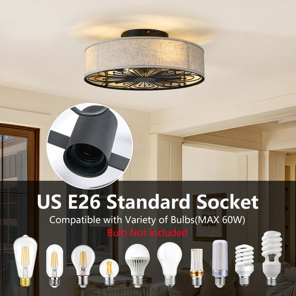 English Elm Caged 20" Flush Mount Ceiling Fan with Remote, Bohemian White Fabric Shade, LED Bladeless Silent Fan W1340P343836