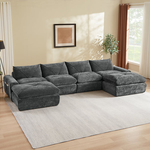 English Elm Modern Chenille Modular Sectional Sofa with Built-in Foot Pedals for Relaxed Living Dark Gray W3396S00075
