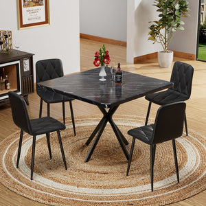 English Elm Square Mid Century Dining Table with Faux Marble Top, Waterproof Scratch-Resistant MDF Surface, Durable Iron Frame for Compact Kitchens and Stylish Small Dining Rooms Black W578P242962