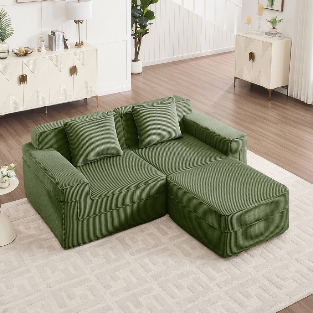 English Elm Modular 2-Seat L-Shape Sectional Sofa In Green Corduroy, Ultimate Comfort With Movable Ottoman & Pillows W3041S00330