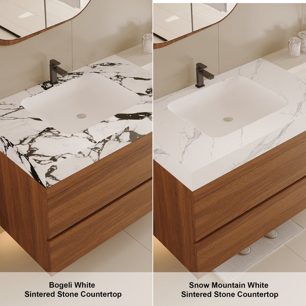 English Elm 29.9" Floating Bathroom Vanity Sintered Stone Top Soft Close Drawers Bronze Gold Hardware W3136S00040