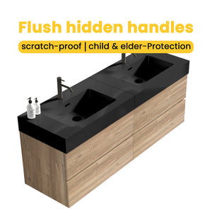 English Elm Grace 60" Bathroom Vanity Wall-Mounted Floating Mid-Century Modern Walnut Grille, Quiet Soft-Close Drawers and One-Piece White Basin (ECO) Black+Brown W1865S00168