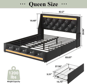 English Elm Queen Platform Bed Wingback Diamond Quilted Headboard Led Lighting Storage Drawers Black W5722P462684