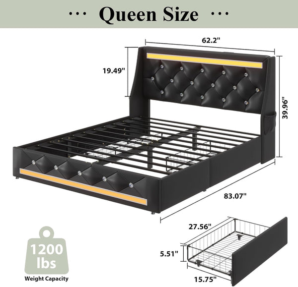 English Elm Queen Platform Bed Wingback Diamond Quilted Headboard Led Lighting Storage Drawers Black W5722P462684