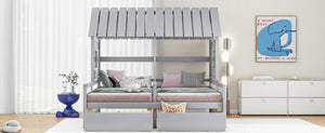 English Elm Twin House Platform Bed with Pitched Roof and Two Under-Drawers for Shared Kids’ Rooms, Durable Pine Gray GX000452AAE