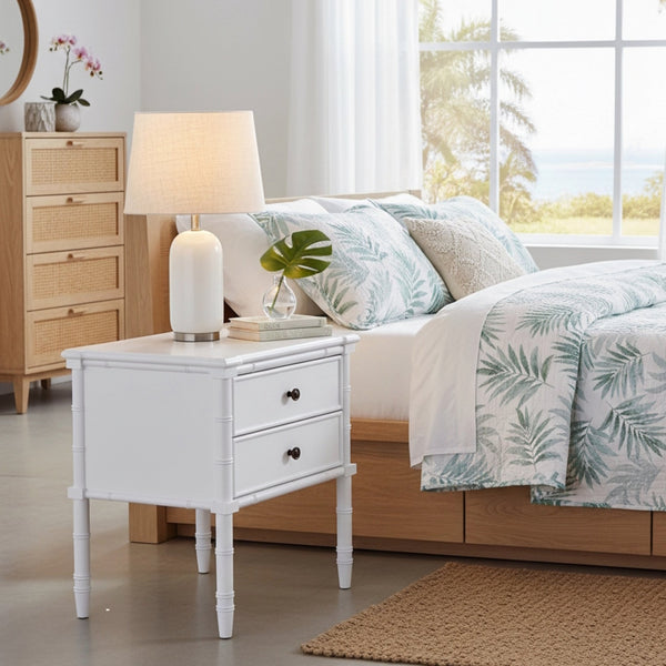 English Elm Emmett carved bamboo nightstand with 2 full‑extension drawers, brass knobs and floor‑protecting glides White B050P376943