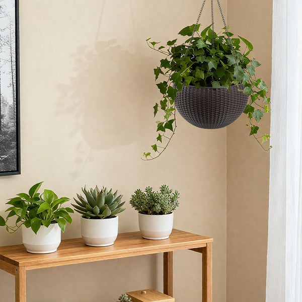 English Elm 13.4 Inch Rattan Texture Self Watering Hanging Planter with Reservoir for Balcony Brown W3213P383079