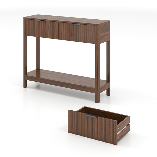 English Elm Mid-century Modern Console Table Fluted Drawers Walnut Finish Slim Entryway Sofa W2557P430472