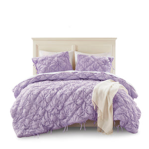 JLA Home Intelligent Design - 3PCS Shabby-Chic Floral Comforter Set with Puffy Quilting, Bow-Tie Accents, Breathable Microfiber Cozy Appeal Purple ID10-2474