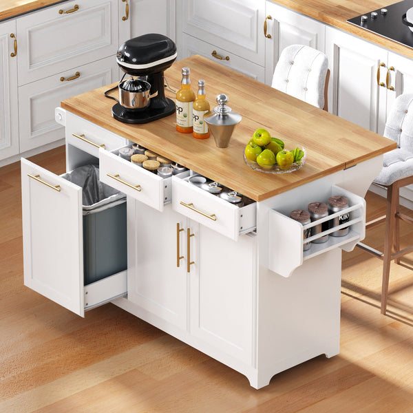 English Elm K&k Rolling Kitchen Island Rubber Wood Top Brass Hardware Built-in Outlets Storage White N707S299014W