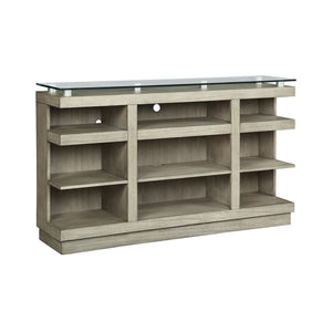 English Elm Celino 65 Inch Media Console with Tempered Glass Top and Open Shelving in Sandstone B108P468534