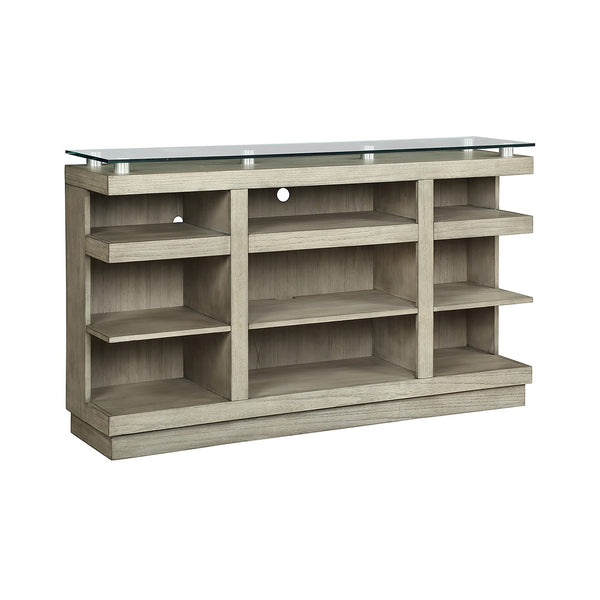 English Elm Celino 65 Inch Media Console with Tempered Glass Top and Open Shelving in Sandstone B108P468534