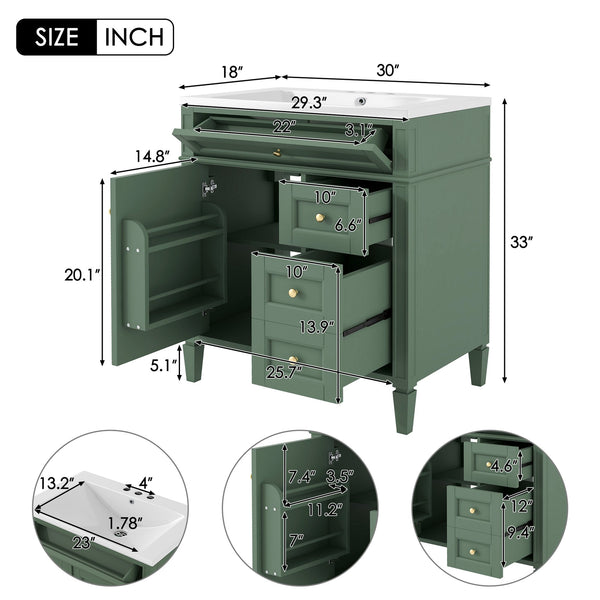 English Elm 30'' Bathroom Vanity Set With Mirror, Modern Freestanding Storage, 2 Drawers & Tip-Out Organizer SW000127AAF-3