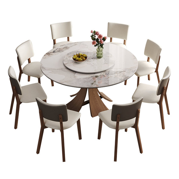 English Elm 59-Inch Modern Sintered Stone Dining Table Set With Rotating Turntable & 8 Chairs For Stylish Gatherings W509S00132