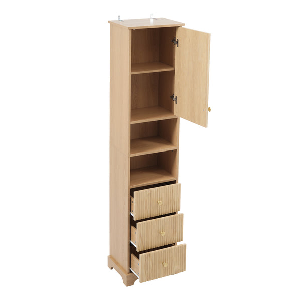 English Elm 67.7" Tall Freestanding Bathroom Cabinet with 3 Drawers, Open Shelves, Gold Handles, Anti-Tip Safety N729P335604O