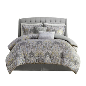 English Elm 6 Piece Cotton Comforter Set - Elegant Grey Damask King Bedding With Decorative Pillows & Bedskirt B03595746