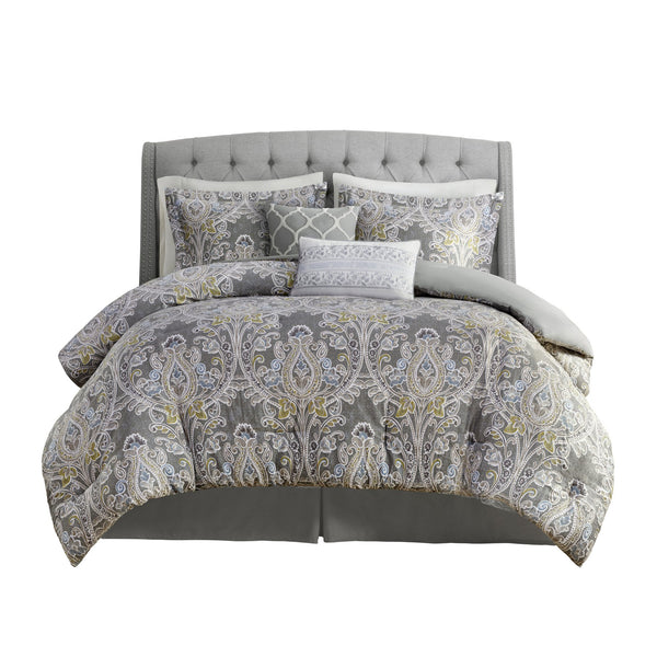 English Elm 6 Piece Cotton Comforter Set - Elegant Grey Damask King Bedding With Decorative Pillows & Bedskirt B03595746