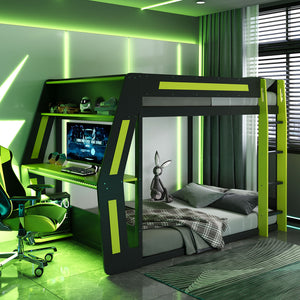 English Elm Full-size Gaming Loft Bed with Integrated Rgb Desk Usb Ports and Esports Frame Green LT000239AAG