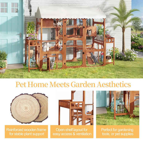 English Elm Large Pine Wood Catio Outdoor Cat Enclosure with Wire Mesh and Dual Plant Stands Brown N704G201617P