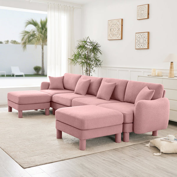 English Elm Boucle Chic U-Shape Sectional Sofa For 4 With Shell Armrests & Movable Ottomans In Stylish Pink W3041S00297