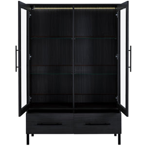 English Elm 60'' Tall Display Cabinet with LED Lighting, Tempered Glass Doors, 4 Adjustable Shelves & Drawers Black N845P261801B