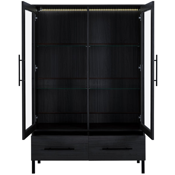 English Elm 60'' Tall Display Cabinet with LED Lighting, Tempered Glass Doors, 4 Adjustable Shelves & Drawers Black N845P261801B