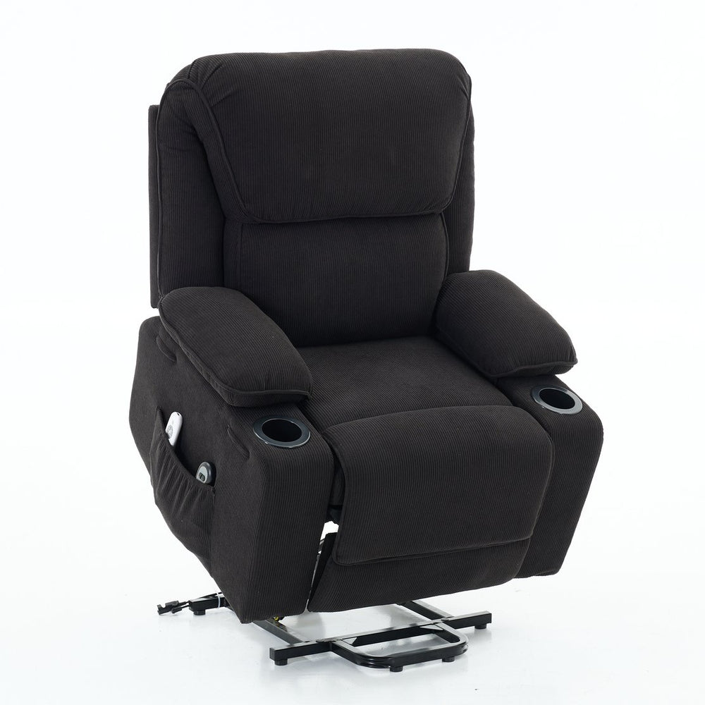 English Elm Black Corduroy Recliner with Heating, Massage & Assistive Lift Remote, Cup Tray for Seniors W570P320448