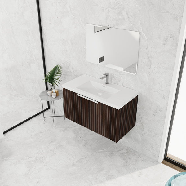 English Elm 36 Inch Silver-Brown Stripe Wall-Mounted Vanity with Resin Sink, Soft-Close Doors & Spacious Storage W999P204953