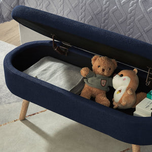 English Elm Luxury Boucle Oval Ottoman Bench with Hidden Storage Rubberwood Legs Entryway Seat Navy Blue W2186P430718