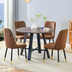 English Elm Table & 4 Chairs Set - Modern Minimalist 42" Round Dining Table With Deep Walnut Top & Techno-Fabric Seating W1151S03749-GIGA