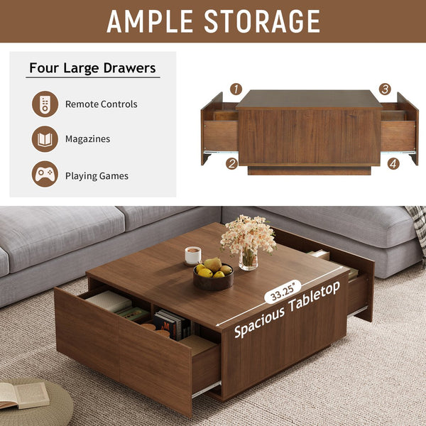 English Elm 33.25" Square Storage Coffee Table Four Drawer Matte Mdf Living Room Centerpiece Walnut N735P422508D