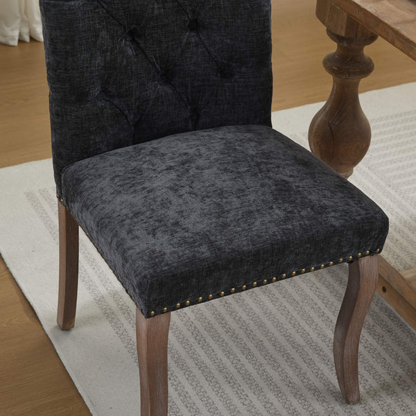English Elm Upholstered Chenille Tufted Dining Chairs Set of 2 with Curved Wood Legs Club Style Black W1143P457781