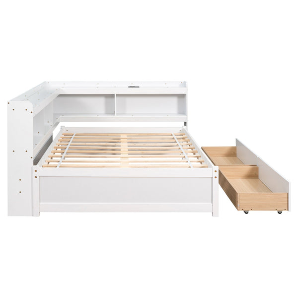 English Elm Full Platform Bed with L-shaped Bookcase Built-in Power Outlets and Storage Drawers White W504S00340
