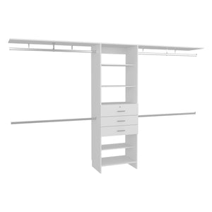 English Elm Plego Adjustable Closet System 69"-118" W | White MDF, 5 Shelves, 4 Rods, 3 Drawers for Custom Storage B070S00359