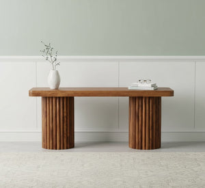 English Elm Artisan Solid Mango Wood Fluted Entryway Bench with Warm Amber Oak Grain Finish B182P436009