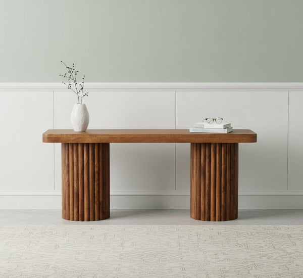English Elm Artisan Solid Mango Wood Fluted Entryway Bench with Warm Amber Oak Grain Finish B182P436009