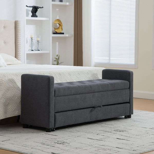 English Elm 58.27" Wide Napped Fabric Upholstered Storage Bench Rolled Armrest Caster Wheels Entryway Gray W3189P445992