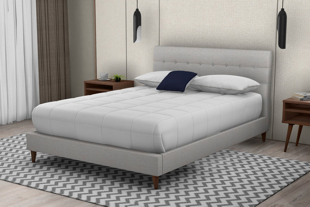 English Elm Queen Upholstered Bed Set with Stone Polyester Headboard and Walnut Nightstands B2699S00076